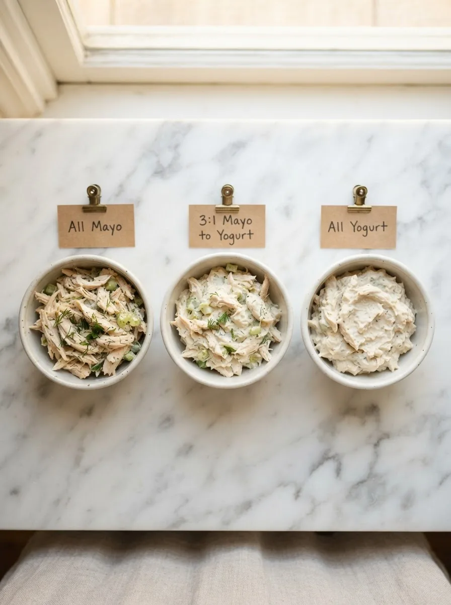 Comparison of chicken salad texture using all mayo, a 3:1 ratio, and all Greek yogurt