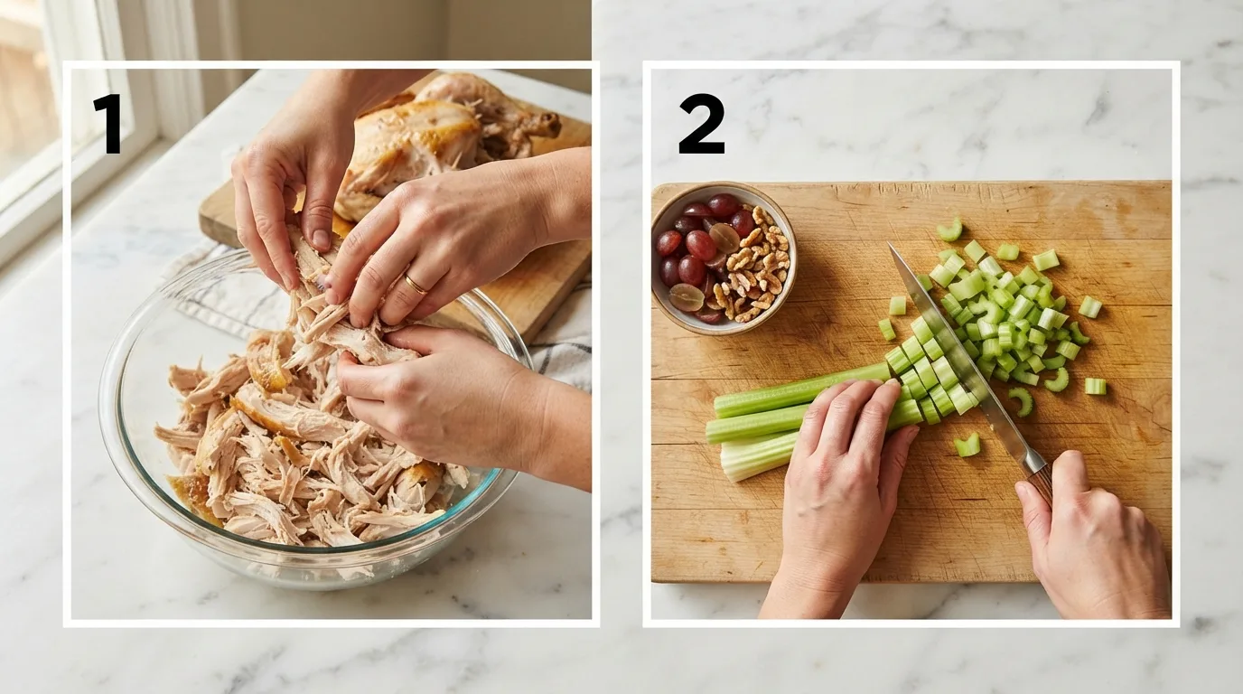 Shredding rotisserie chicken into bite-sized pieces for chicken salad / Dicing celery finely for chicken salad sandwich filling
