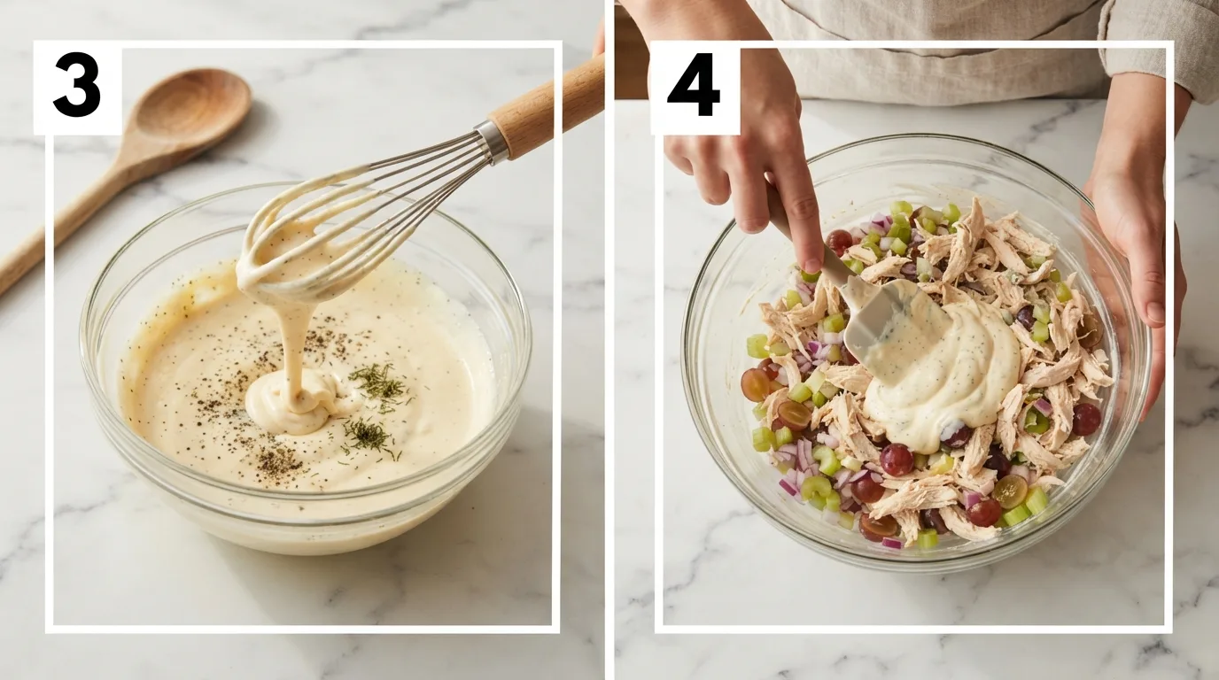 Whisking mayo and Greek yogurt dressing to a thick consistency / Folding dressing into shredded chicken salad with a spatula