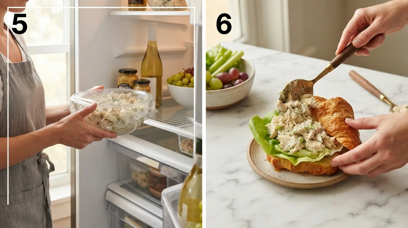 Chilling chicken salad in the refrigerator before assembling sandwiches / Piling chicken salad onto butter lettuce inside a split croissant