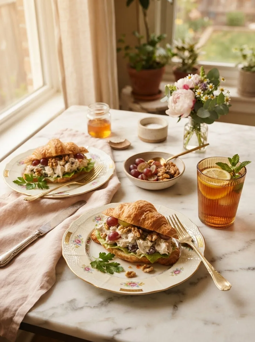 Two cheesecake factory chicken salad sandwiches styled on a table with iced tea