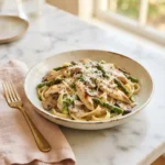 Cheesecake Factory Evelyn's Favorite Pasta with chicken, mushrooms, and asparagus in creamy fettuccine