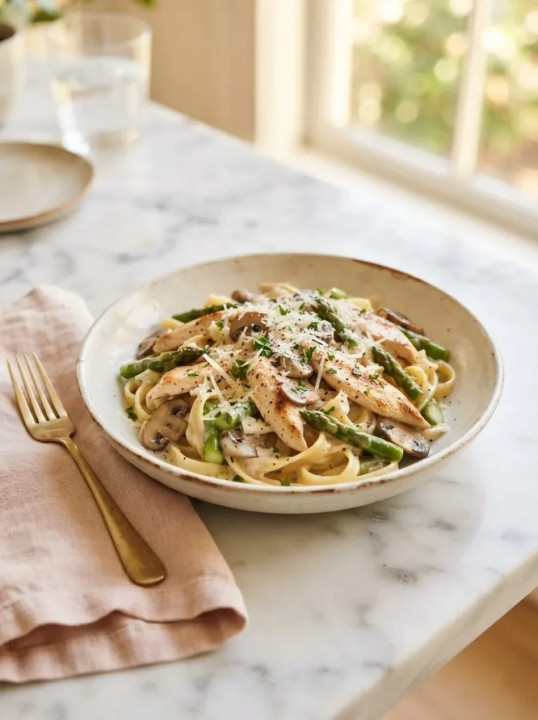 Cheesecake Factory Evelyn's Favorite Pasta with chicken, mushrooms, and asparagus in creamy fettuccine