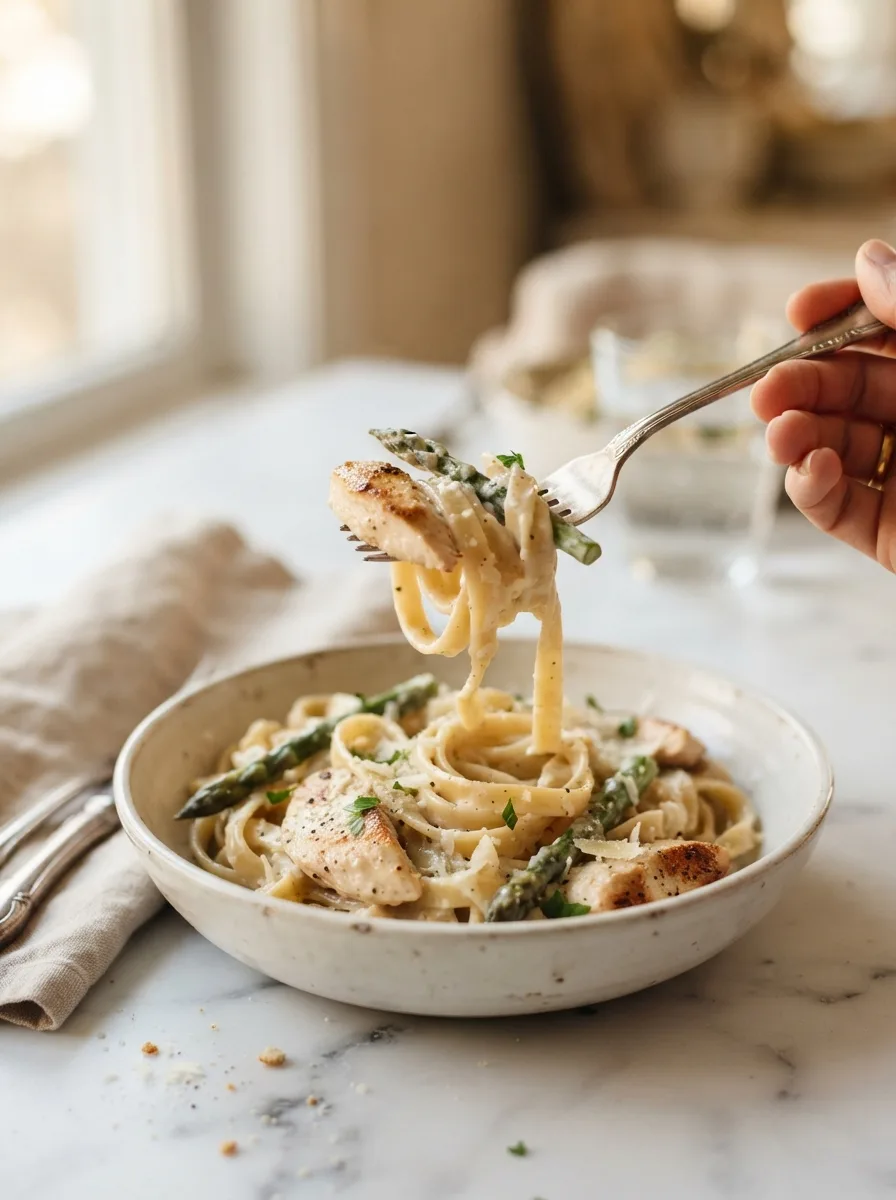 Close-up of creamy parmesan sauce coating fettuccine with tender chicken and asparagus