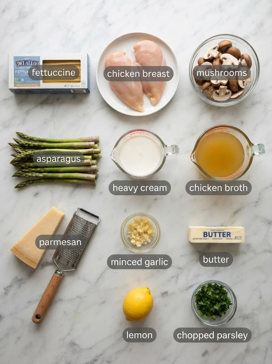 Ingredients for cheesecake factory evelyn's favorite pasta: chicken, mushrooms, asparagus, and cream
