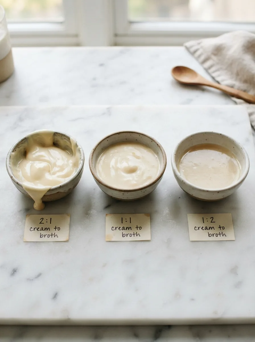 Cream sauce comparison showing three cream-to-broth ratios side by side
