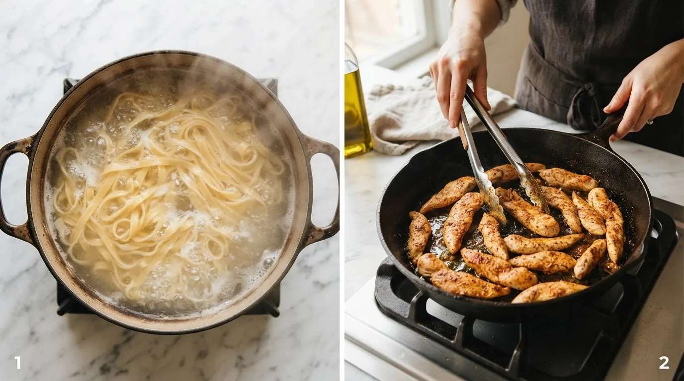 Boiling fettuccine in a large pot of salted water / Searing seasoned chicken strips in a hot skillet