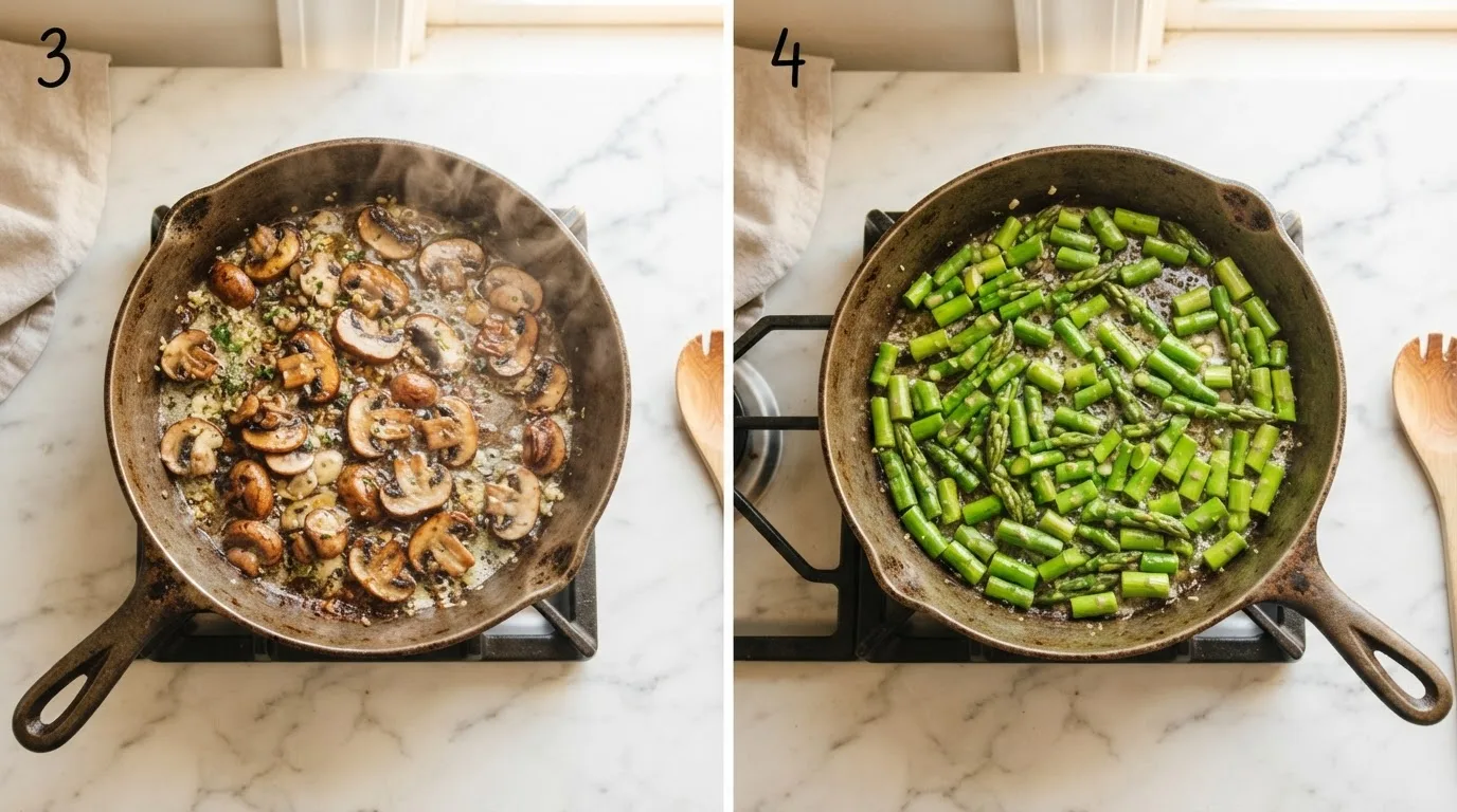 Sautéing sliced mushrooms in butter and garlic / Cooking asparagus pieces until bright green and tender-crisp