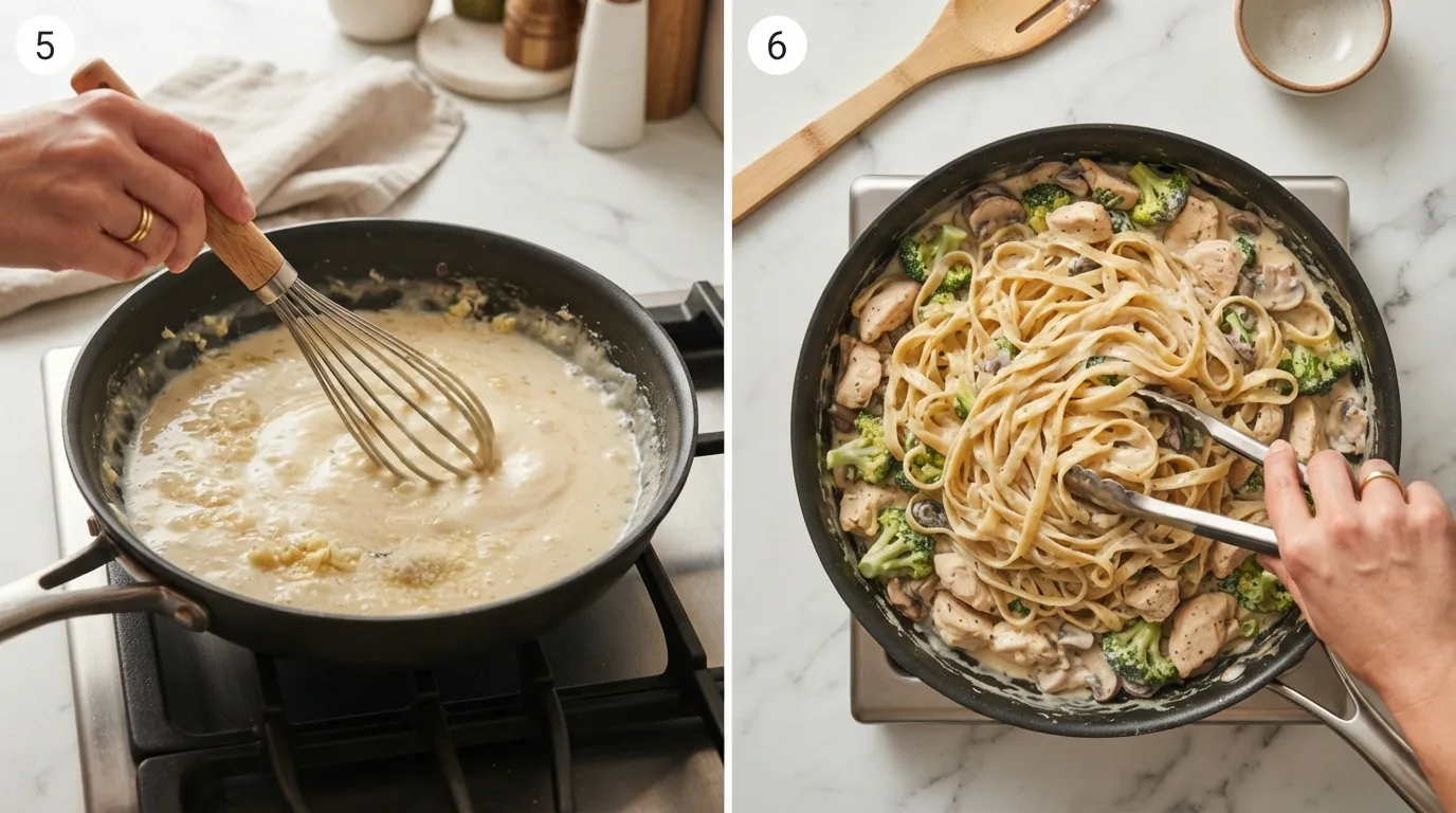 Whisking cream and chicken broth into a light parmesan sauce / Tossing cooked fettuccine with chicken, vegetables, and cream sauce