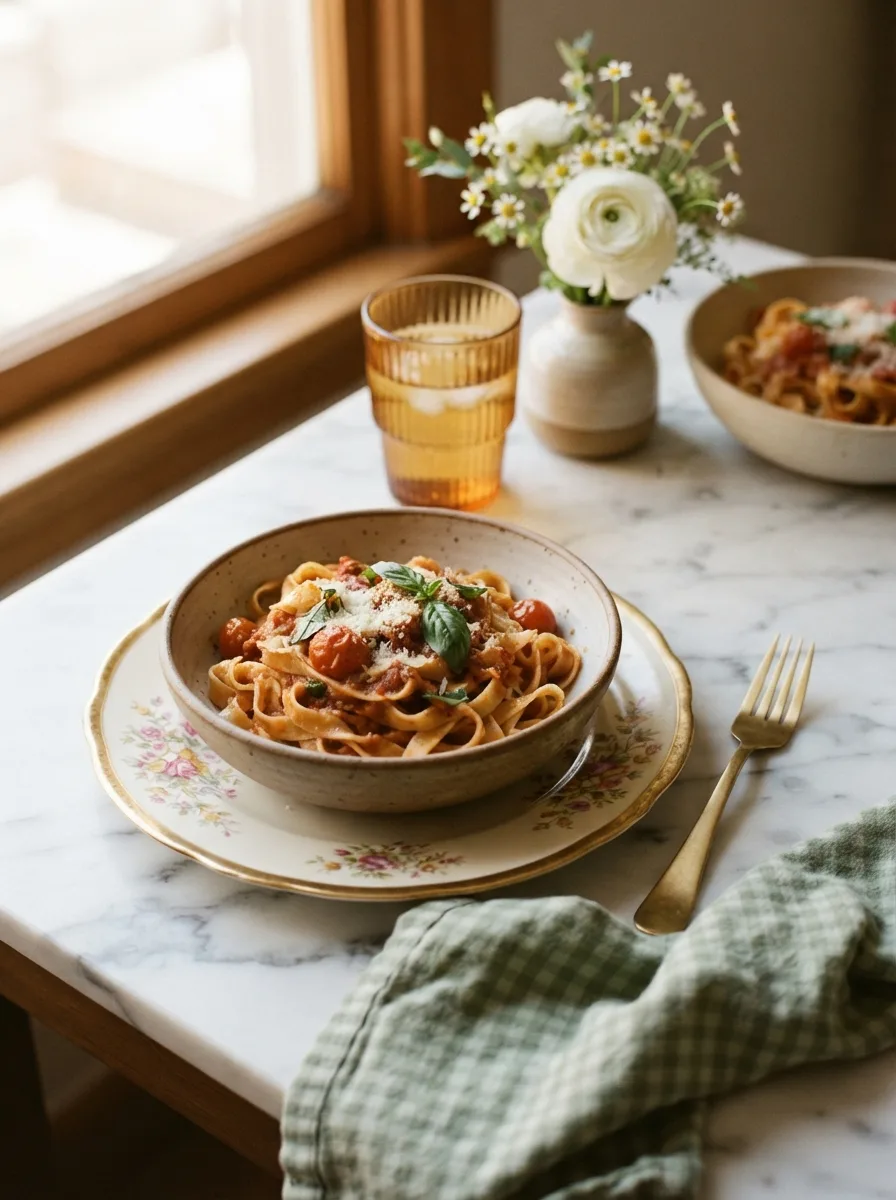 Bowl of creamy chicken asparagus fettuccine served at a weeknight dinner table