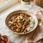 Cheesecake Factory gumbo recipe with shrimp, chicken, and sausage served over rice in a ceramic bowl