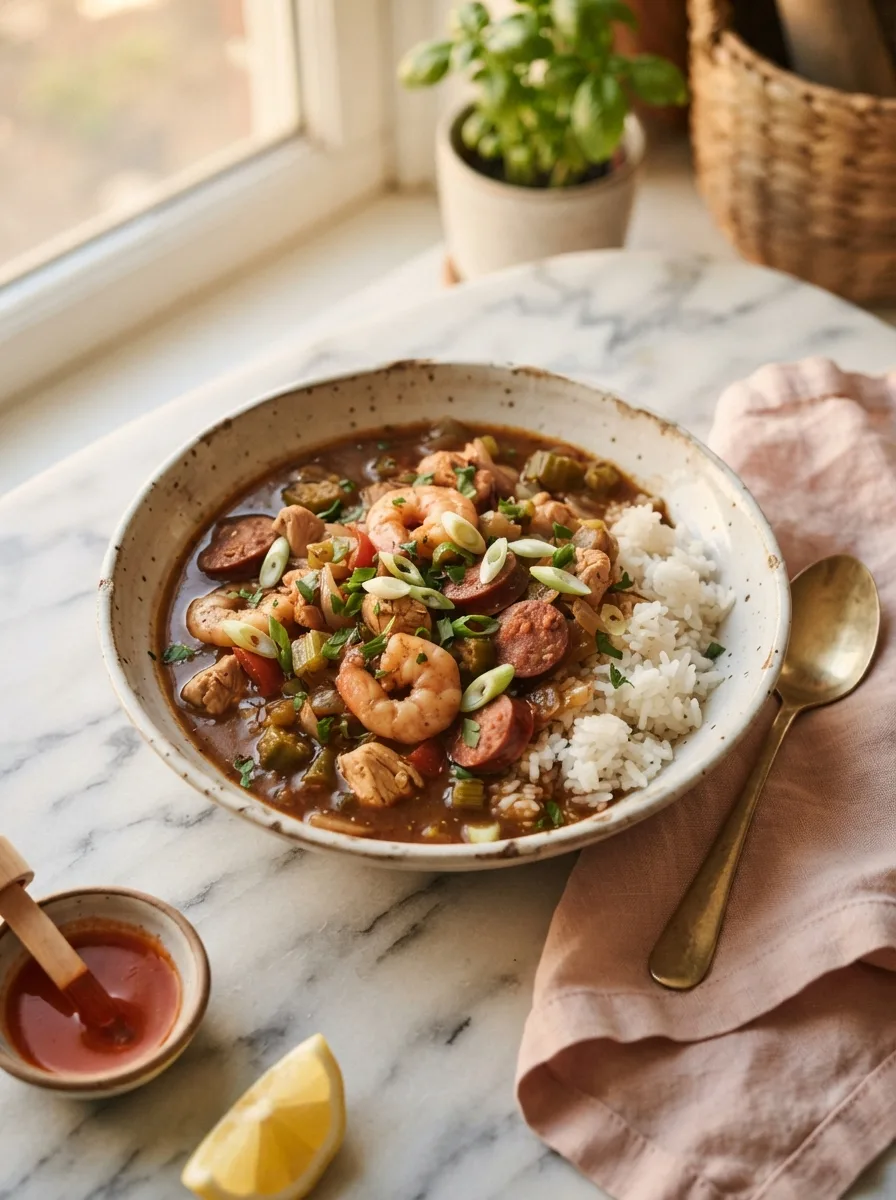 Cheesecake Factory gumbo recipe with shrimp, chicken, and sausage served over rice in a ceramic bowl