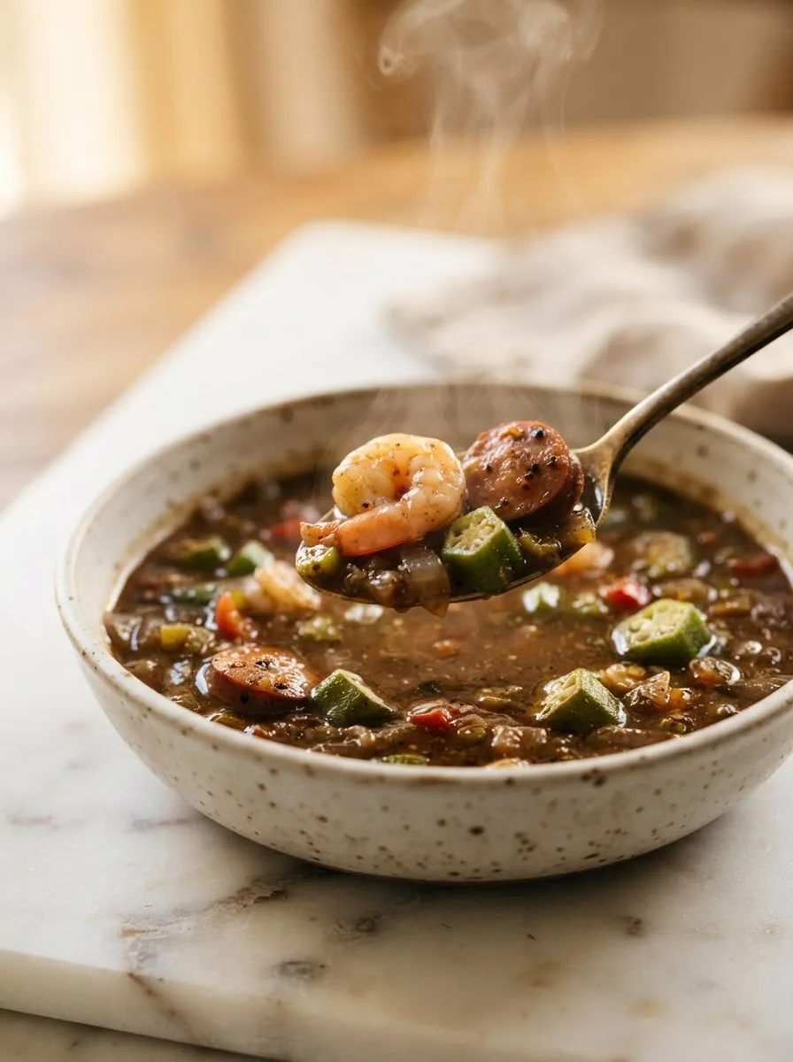 Spoon lifting dark roux gumbo broth with shrimp, sausage, and okra close up