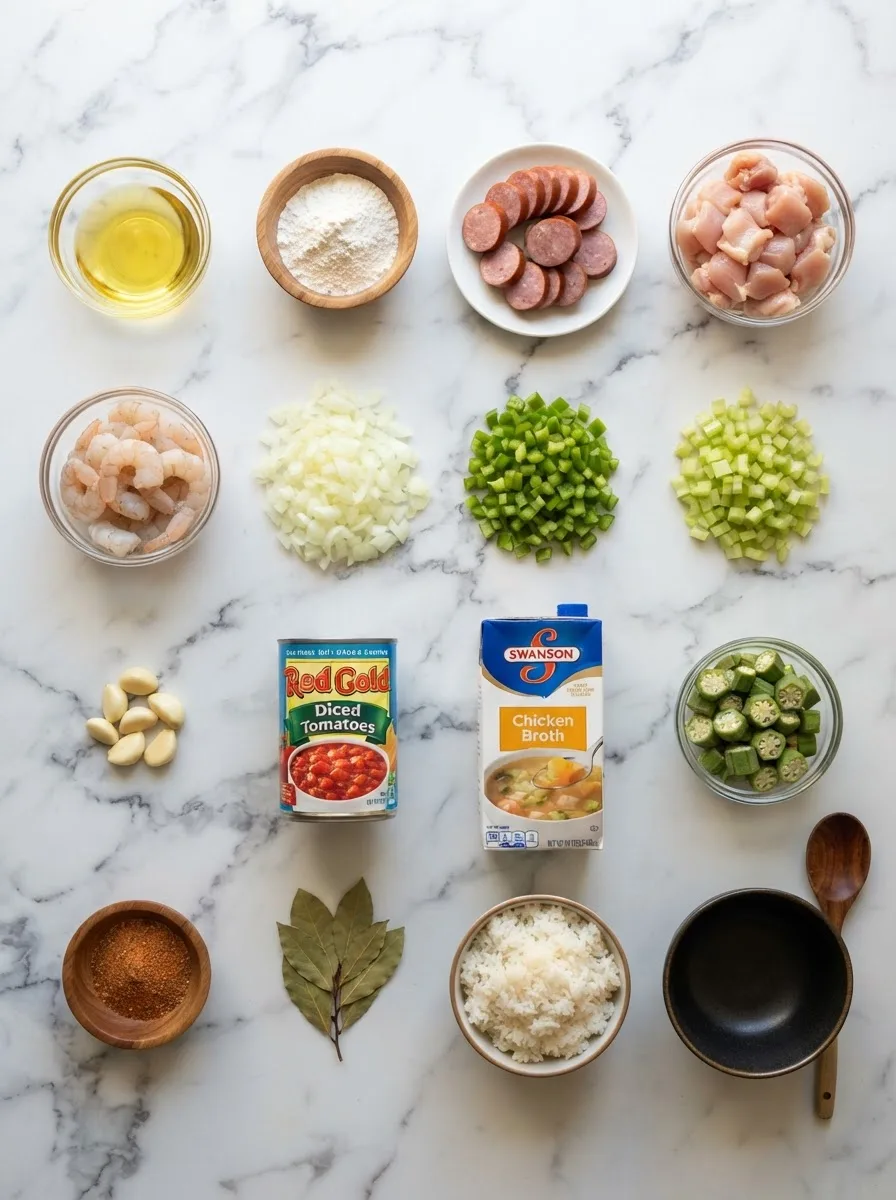 Ingredients for cheesecake factory gumbo recipe including sausage, shrimp, and roux components