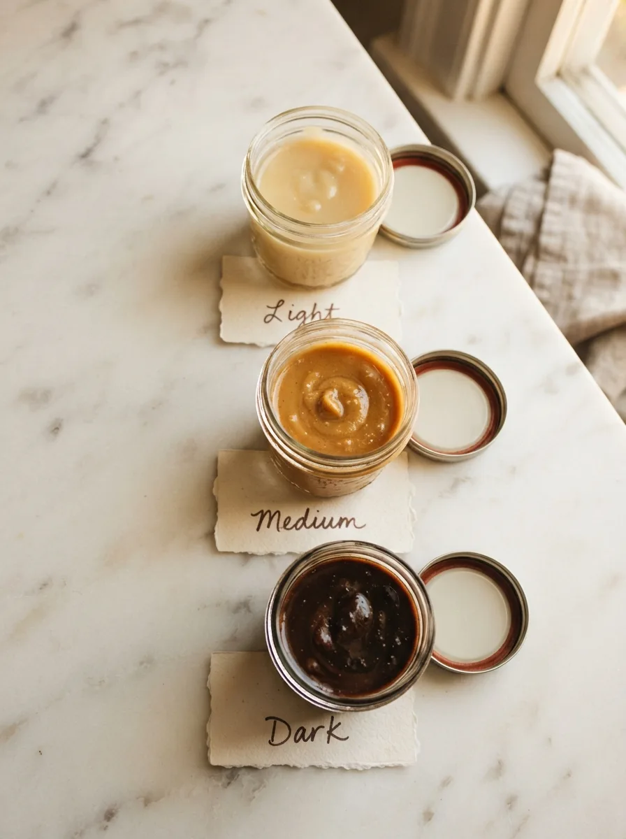 Light, medium, and dark roux comparison in glass jars showing color progression