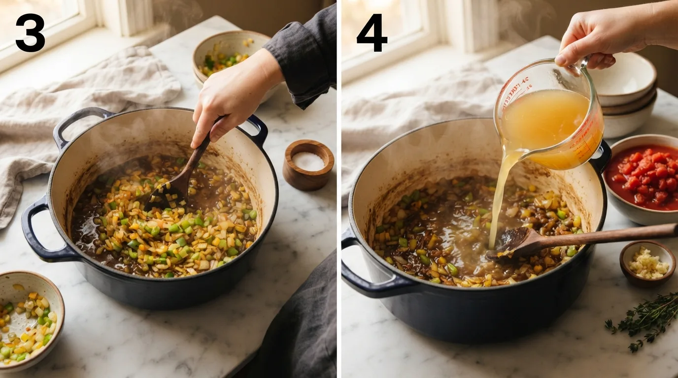Stirring diced onion celery and bell pepper into a dark roux / Pouring chicken broth into the roux and vegetable base