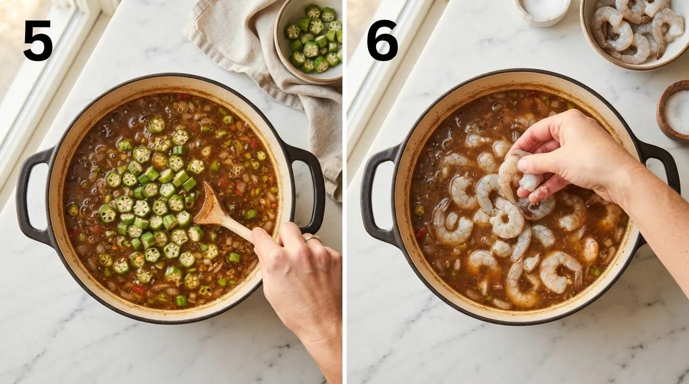 Stirring sliced okra into simmering gumbo to thicken the broth / Adding raw shrimp to gumbo as it turns pink and curls