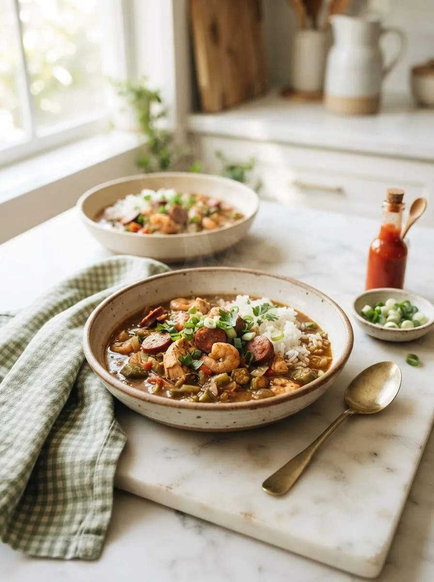Two bowls of shrimp and chicken gumbo served over rice on a styled table