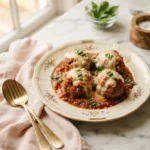Foolproof cheesecake factory meatballs recipe with melted mozzarella and marinara on a floral gold-rim plate