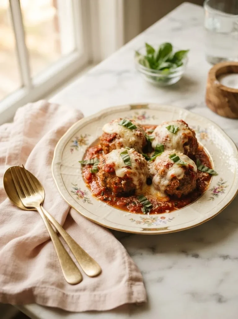Foolproof cheesecake factory meatballs recipe with melted mozzarella and marinara on a floral gold-rim plate