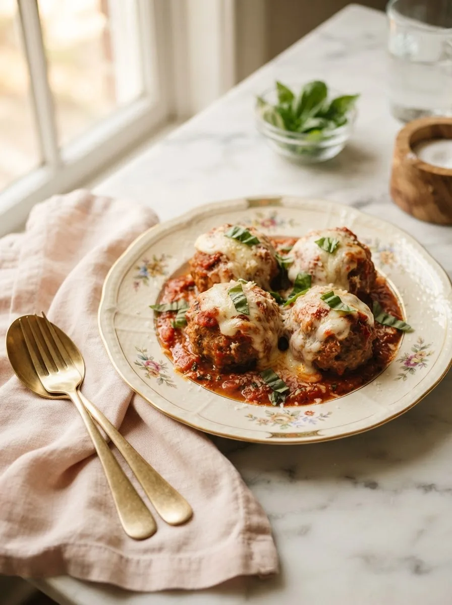 Foolproof cheesecake factory meatballs recipe with melted mozzarella and marinara on a floral gold-rim plate