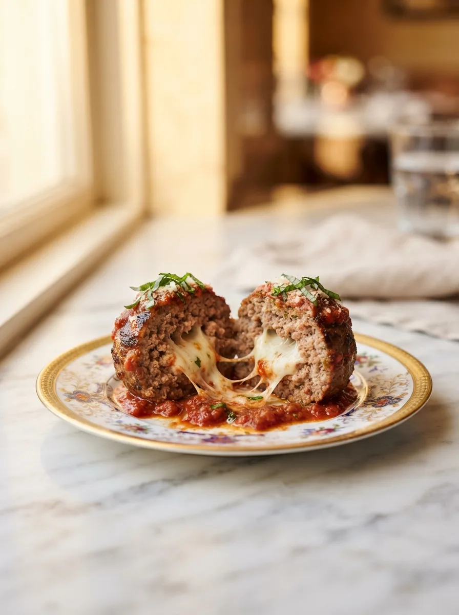 Cross-section of a cheesecake factory meatball showing tender interior and melted mozzarella pull