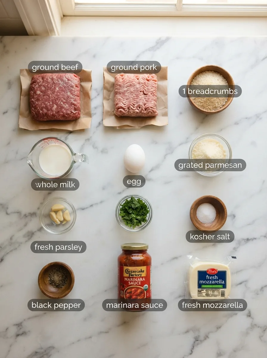 Ingredients for cheesecake factory meatballs recipe measured into separate bowls on marble