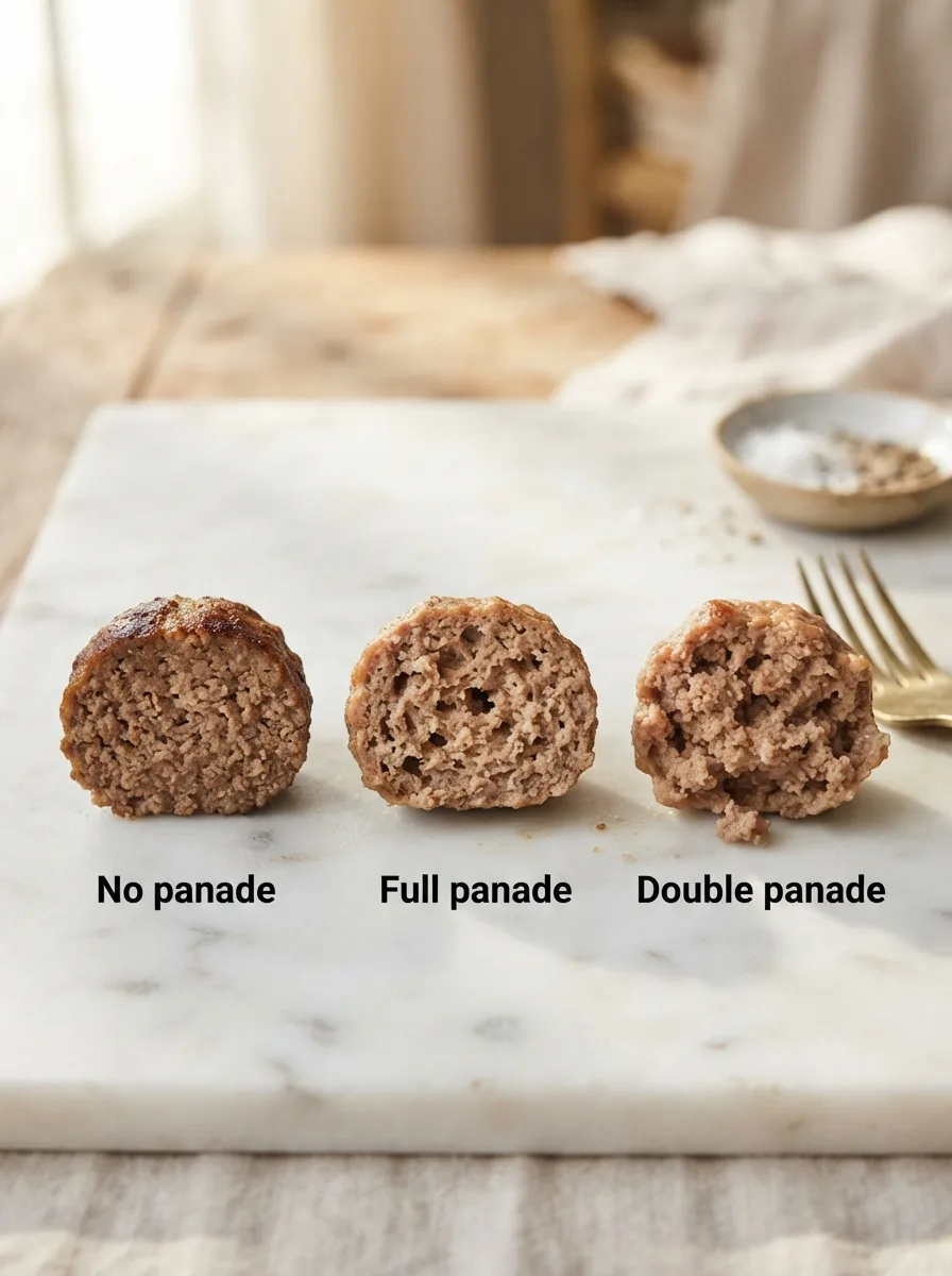 Texture comparison of cheesecake factory meatballs with no panade versus full panade versus double panade