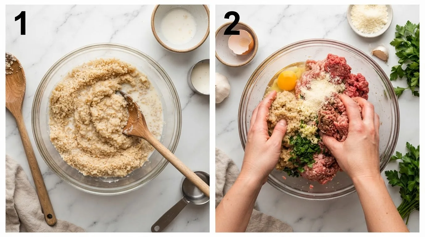 Stirring breadcrumbs and milk into a soft panade for meatballs / Combining ground beef and pork with panade, egg, and parmesan by hand