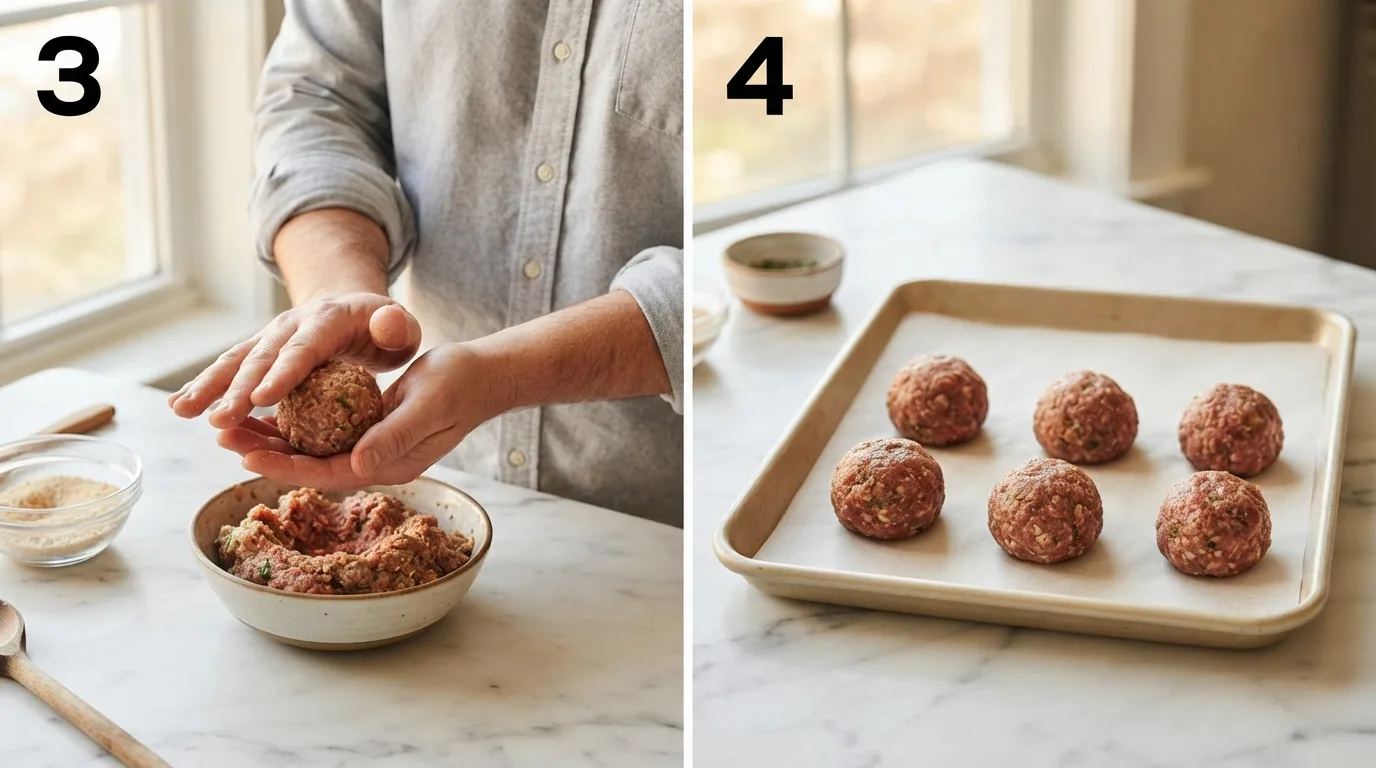 Rolling seasoned meat mixture into an oversized meatball by hand / Six shaped meatballs arranged on a rimmed baking sheet before baking