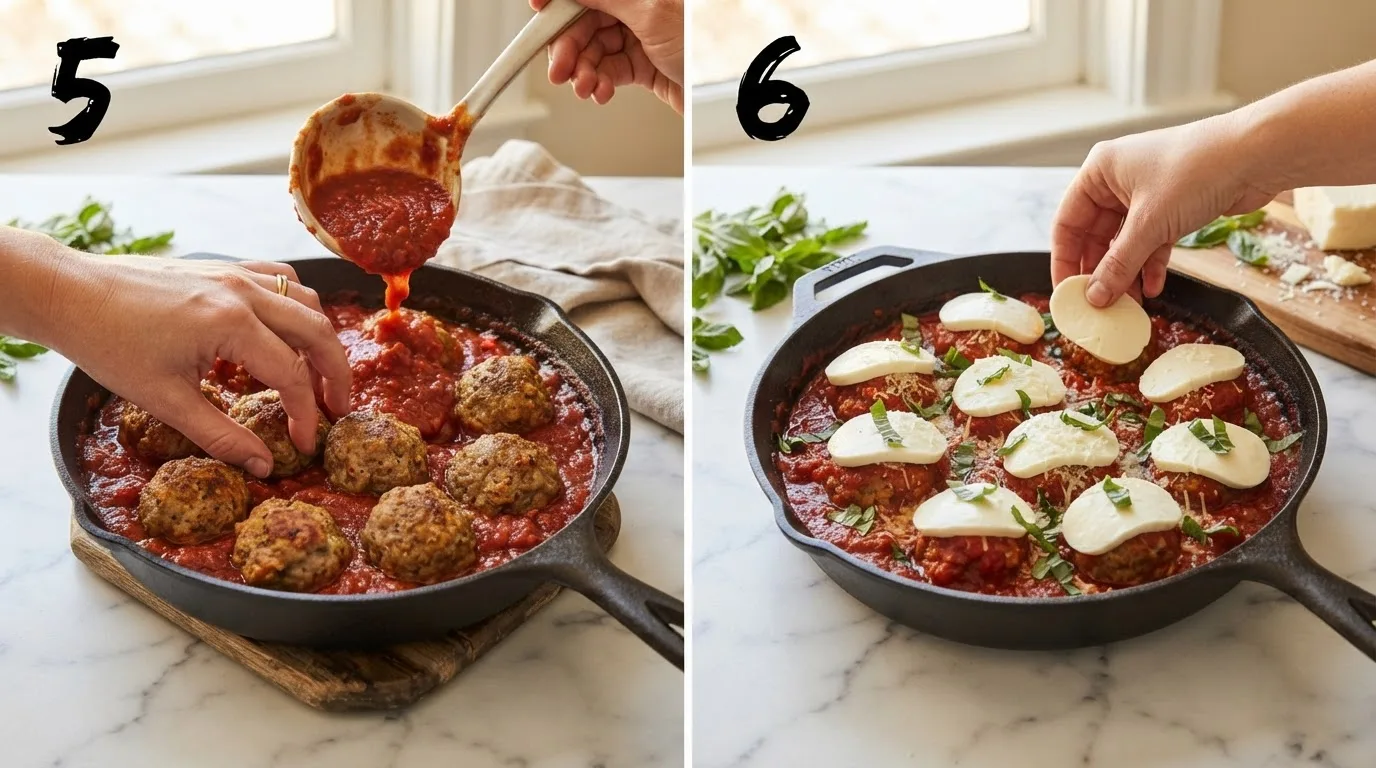 Nestling baked meatballs into marinara sauce in an oven-safe skillet / Topping meatballs with fresh mozzarella slices before the final bake