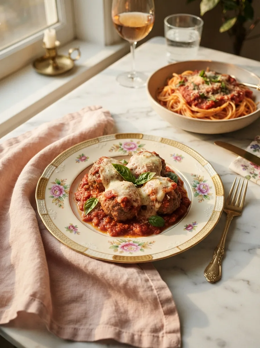 Cheesecake factory meatballs served alongside spaghetti in a warm table setting