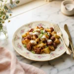 Golden cheesy ranch potatoes and sausage with melted cheddar on a floral plate
