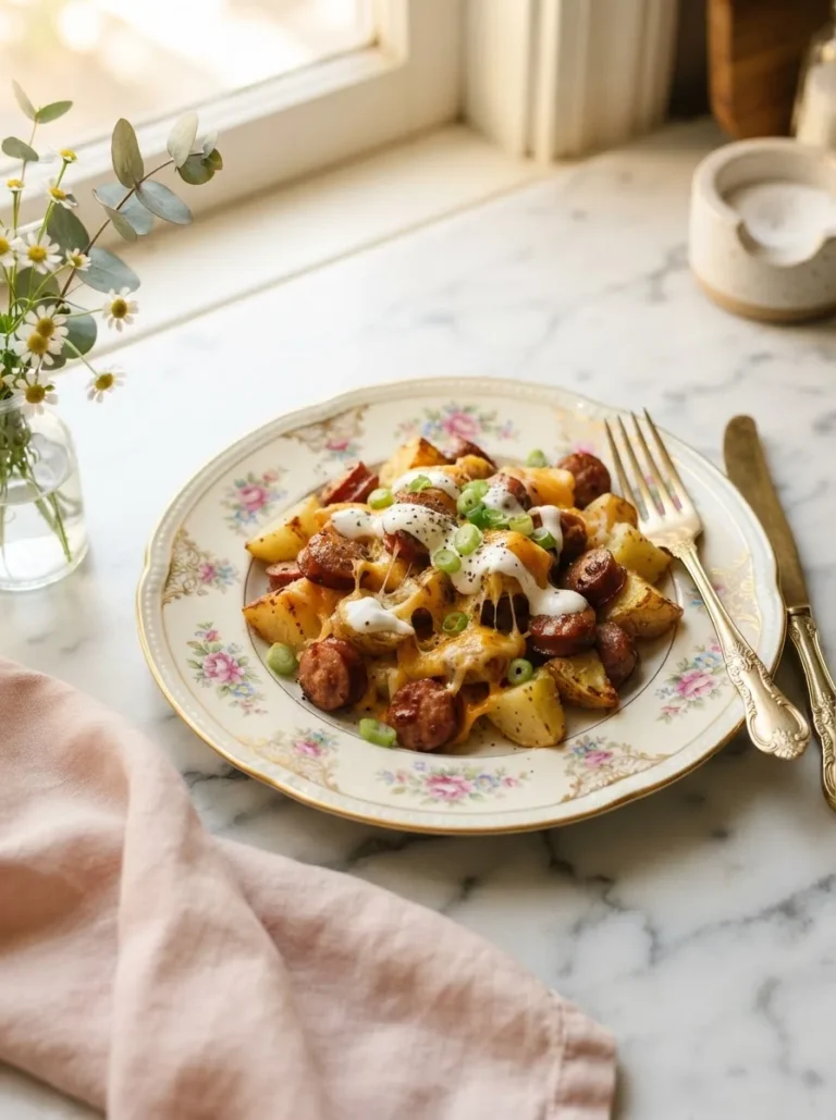 Golden cheesy ranch potatoes and sausage with melted cheddar on a floral plate