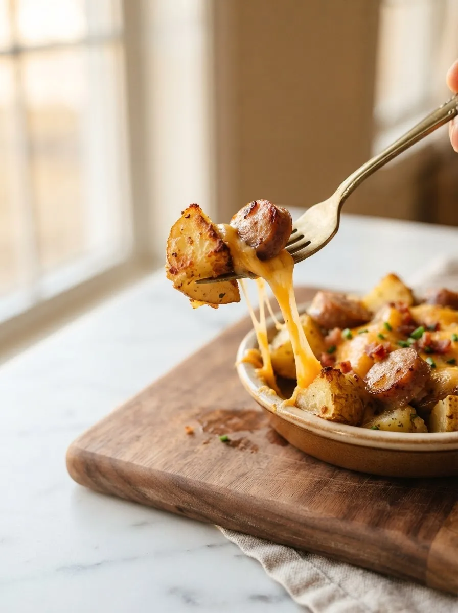 Fork lifting cheesy ranch potato with melted cheddar and browned sausage