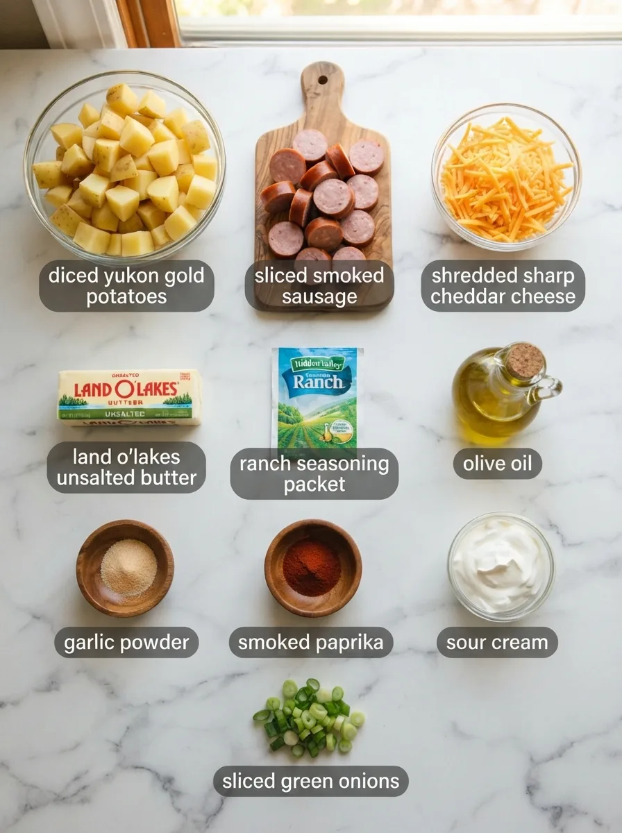 Ingredients for cheesy ranch potatoes and sausage measured into bowls on marble