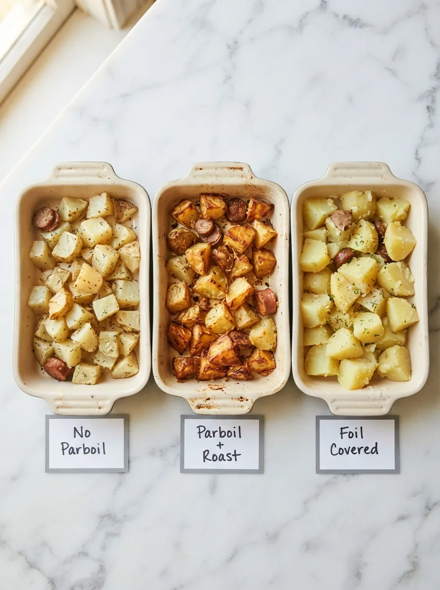 Three potato roasting methods compared side by side on marble surface