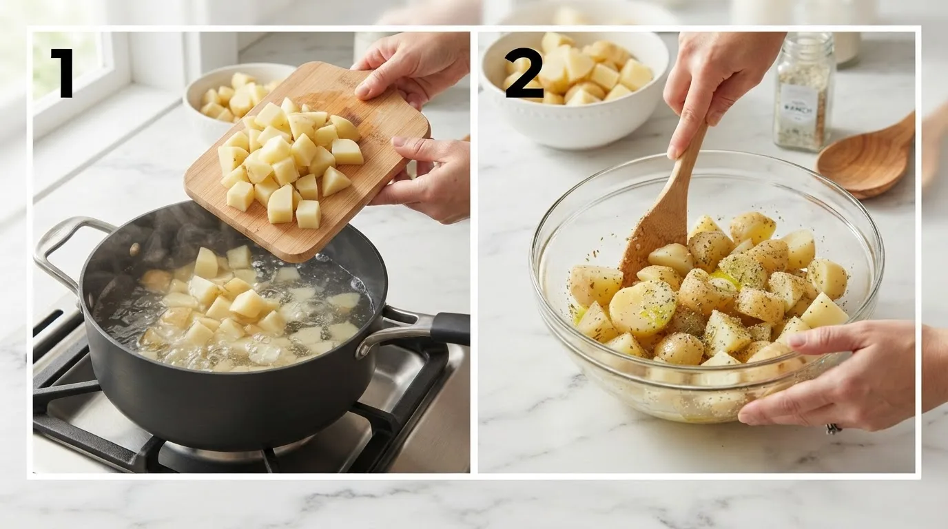 Diced potatoes being added to a pot of boiling water / Tossing parboiled potatoes with butter and ranch seasoning in a bowl