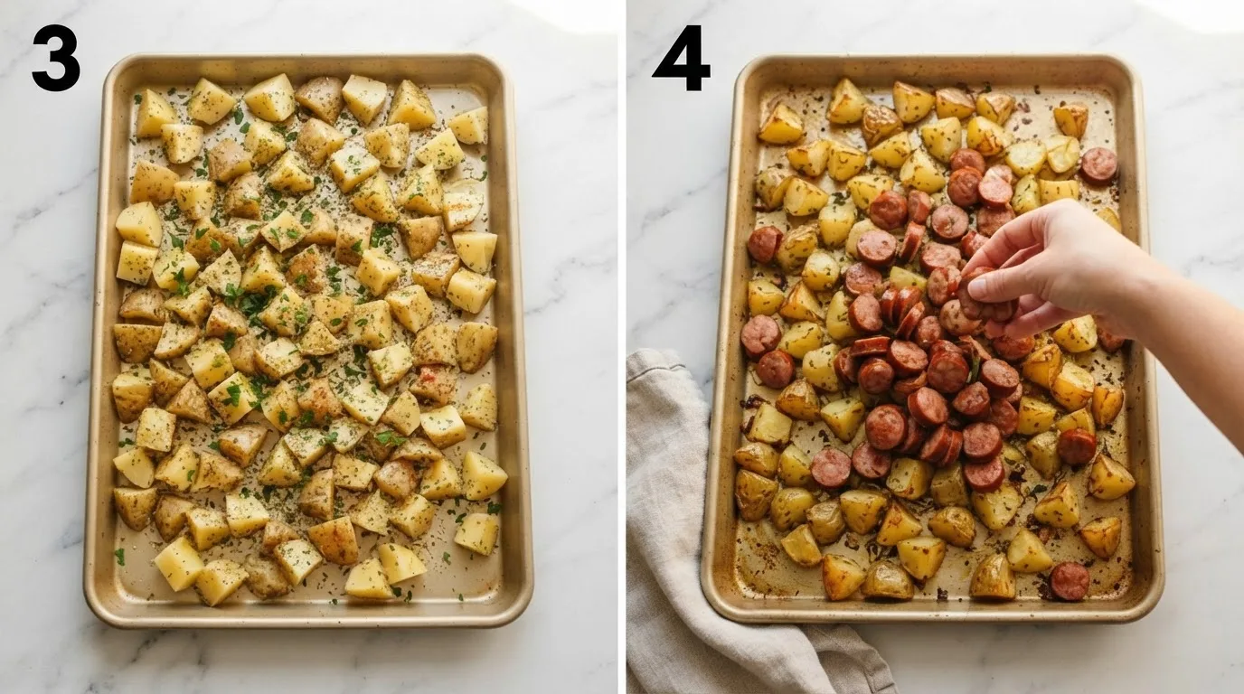 Seasoned potatoes spread in a single layer on a gold sheet pan / Sliced smoked sausage scattered over half-roasted potatoes