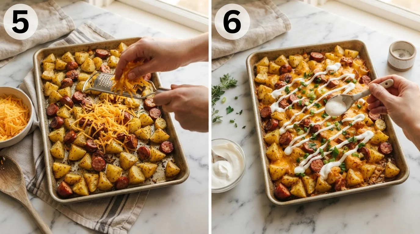 Shredded cheddar being sprinkled over roasted potatoes and sausage / Sour cream drizzled over melted cheese on finished sheet pan