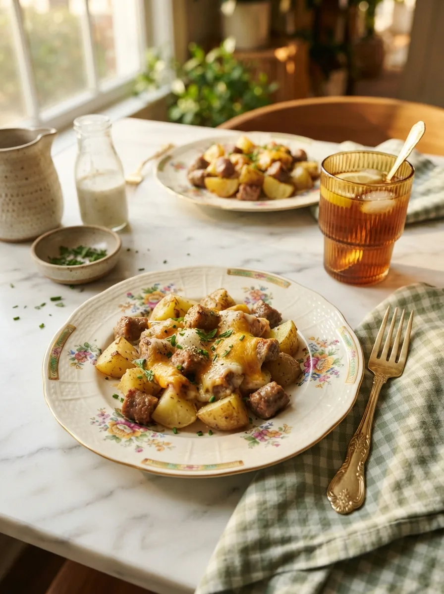 Cheesy ranch potatoes and sausage served at a warm weeknight dinner table