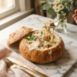 Chicken alfredo bread bowl with melted mozzarella and parsley on a white marble surface