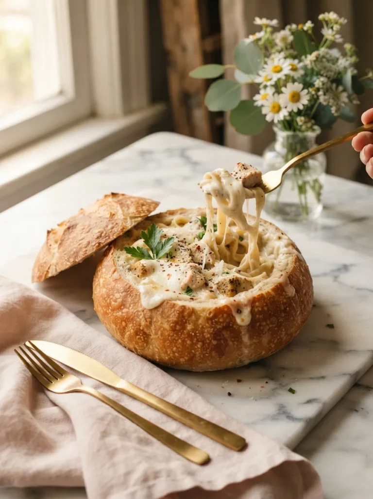 Chicken alfredo bread bowl with melted mozzarella and parsley on a white marble surface