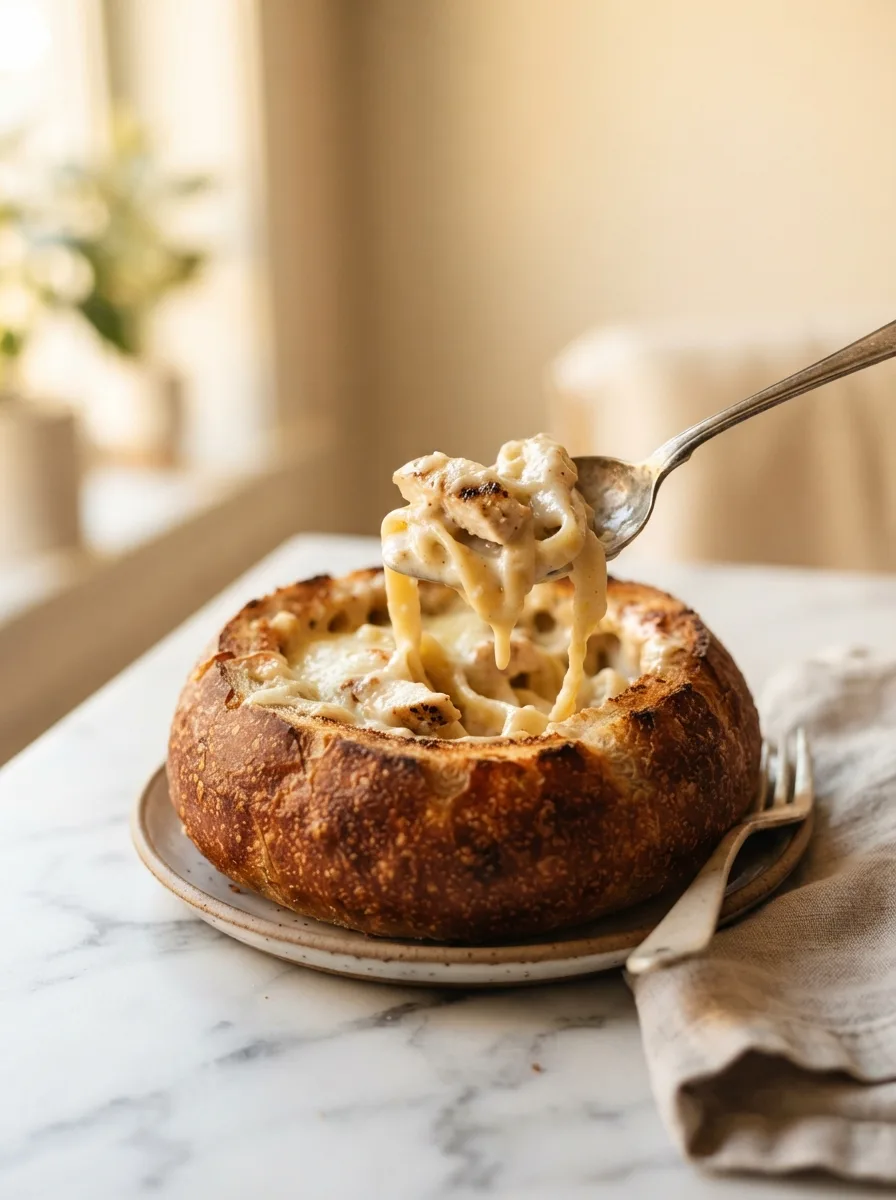Spoon lifting creamy chicken alfredo filling from a toasted bread bowl interior