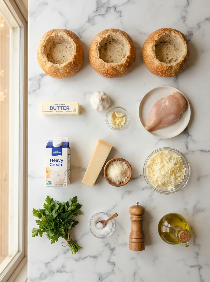 Chicken alfredo bread bowl ingredients including sourdough bowls, cream, and parmesan
