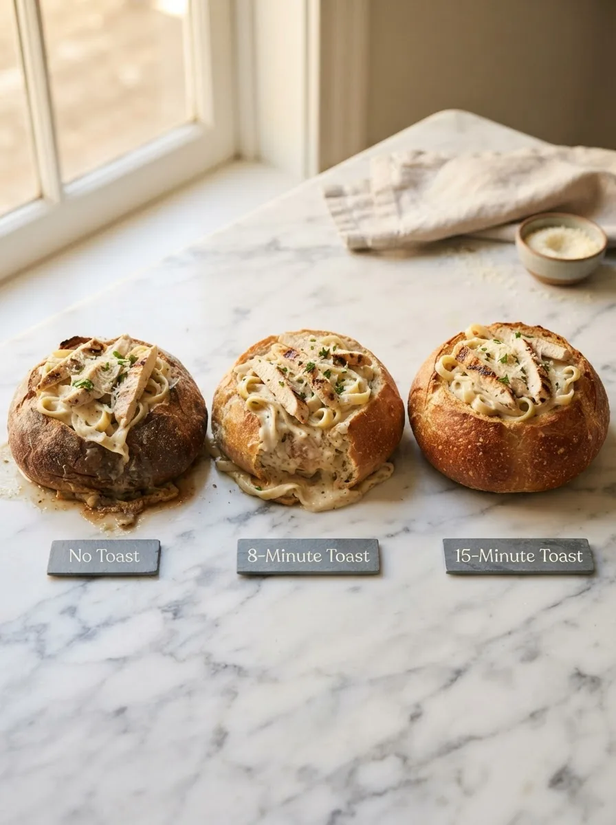 Side-by-side comparison of three bread bowls tested with different toasting times