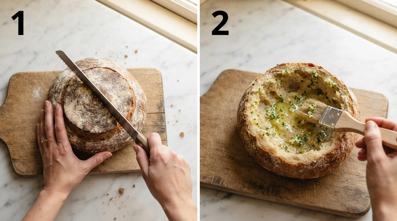 Hands cutting a circle into a sourdough loaf with a serrated knife / Pastry brush applying garlic butter inside a hollowed bread bowl