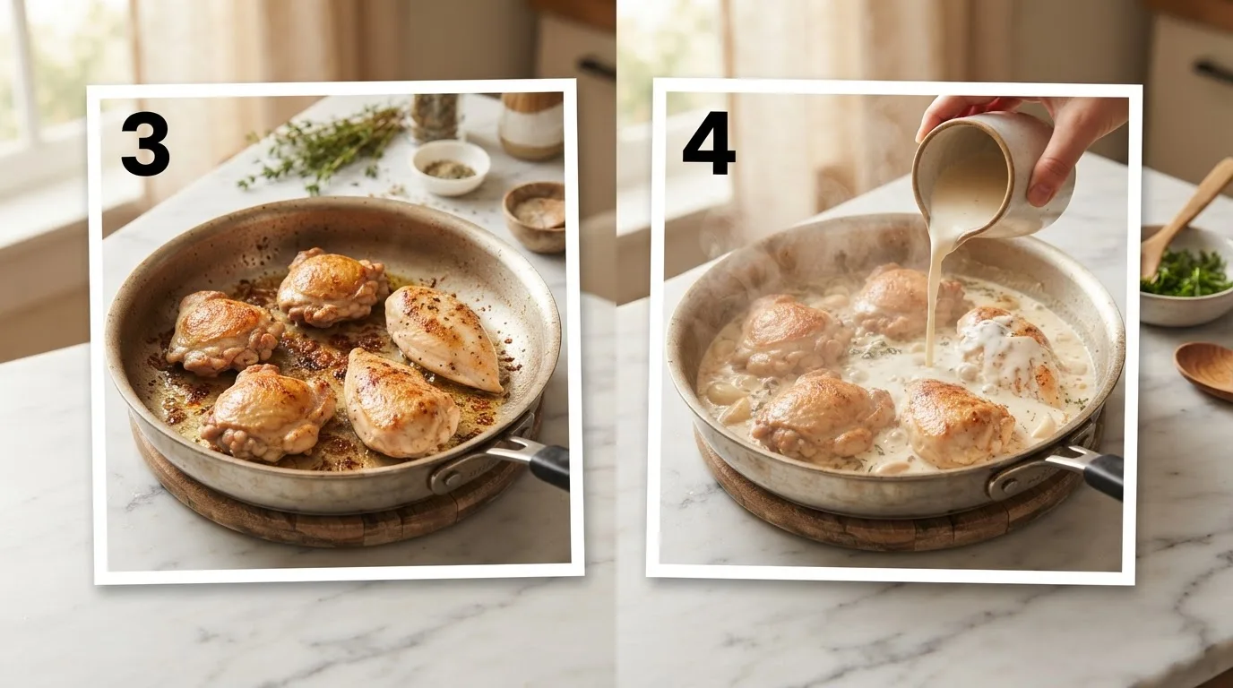 Golden seared chicken pieces in a skillet / Heavy cream being poured into a skillet with minced garlic