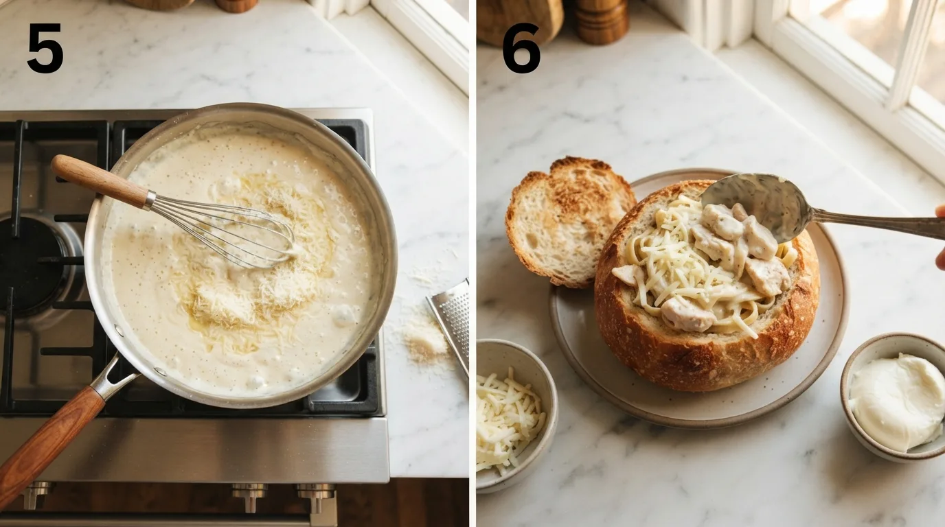 Whisking parmesan into creamy alfredo sauce in a skillet / Spooning chicken alfredo filling into a toasted bread bowl with mozzarella