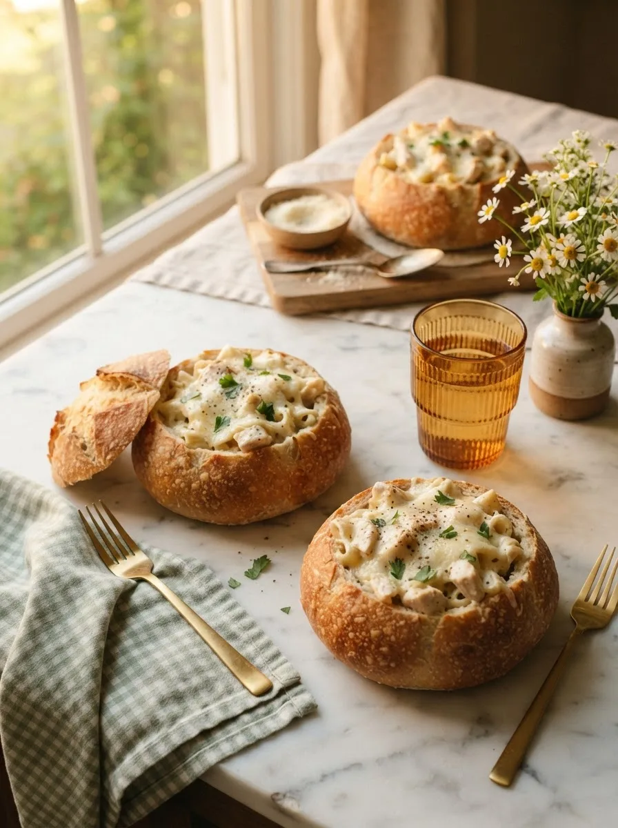 Two chicken alfredo bread bowls styled on a table with linen napkins and daisies